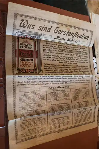 sehr altes Werbeblatt mit Kochrezepte - Gerstenflocken Marke Hedrich Pergament