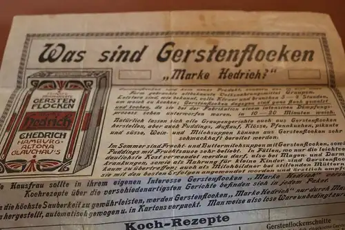 sehr altes Werbeblatt mit Kochrezepte - Gerstenflocken Marke Hedrich Pergament