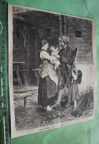 alter Ausschnitt - Szene  Jägers Heimkehr - Jäger mit Familie 