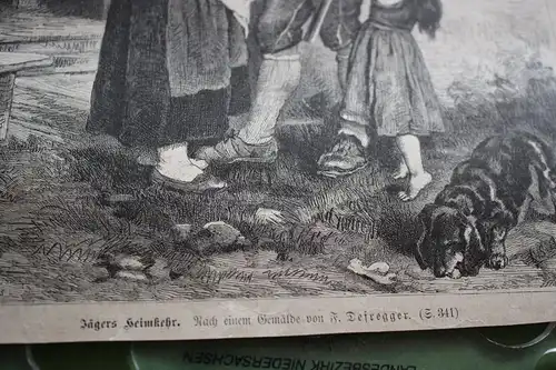 alter Ausschnitt - Szene  Jägers Heimkehr - Jäger mit Familie 