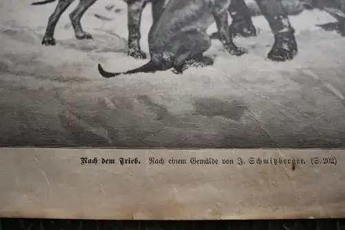 alter Ausschnitt - Szene  Nach dem Trieb - Jäger füttert Hund nach Treibjagd