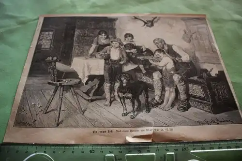 alter Ausschnitt - Szene ein junger Tell - Familie in Trachten 