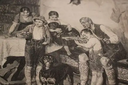 alter Ausschnitt - Szene ein junger Tell - Familie in Trachten 