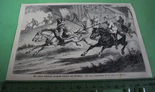 alter Ausschnitt - mit Lanzen bewaffnete preussische Husaren u Kürassiere