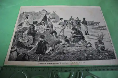 alter Ausschnitt - Szene Korbflechtende ungarische Zigeuner 