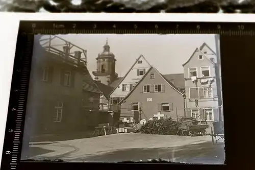 tolles altes Glasnegativ Hinterhof Holzkarren, Kirche Aalen ????? 20-30er Jahre