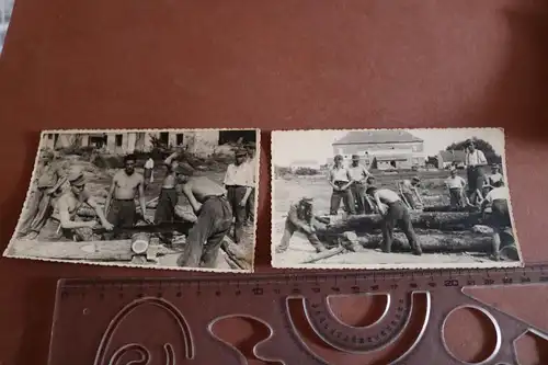 zwei alte Fotos - Soldaten mit Feldmütze bei Hitze am Bäume fällen 