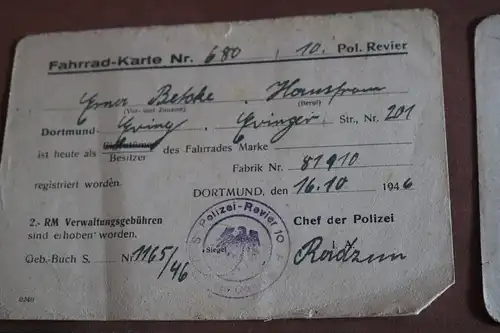 zwei alte Fahrradkarten ? Registrierung bei der Polizei - Dortmund 1946