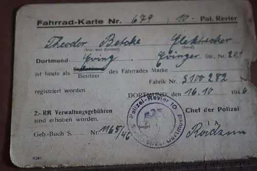 zwei alte Fahrradkarten ? Registrierung bei der Polizei - Dortmund 1946
