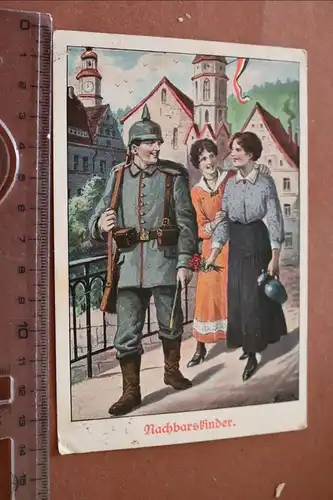tolle alte Karte - Nachbarskinder - zwei Frauen und ein Soldat