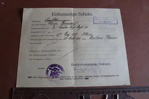 toller alter Entlassungsschein eines Soldaten Landw. Inf. Regt. 101 - Solingen 