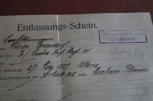 toller alter Entlassungsschein eines Soldaten Landw. Inf. Regt. 101 - Solingen 