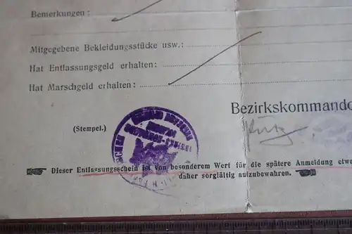 toller alter Entlassungsschein eines Soldaten Landw. Inf. Regt. 101 - Solingen 