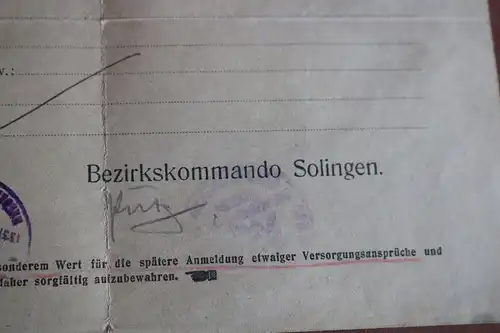 toller alter Entlassungsschein eines Soldaten Landw. Inf. Regt. 101 - Solingen 