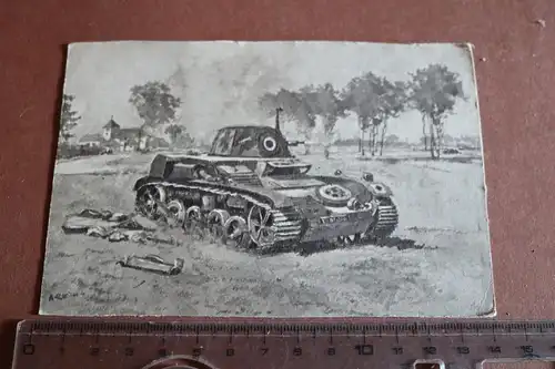 alte Künstlerkarte zerstörter französischer ?? Panzer - 1941