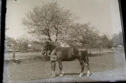 zwei tolle alte Glasnegative - Junge mit Pferd und Mann mit Pferd