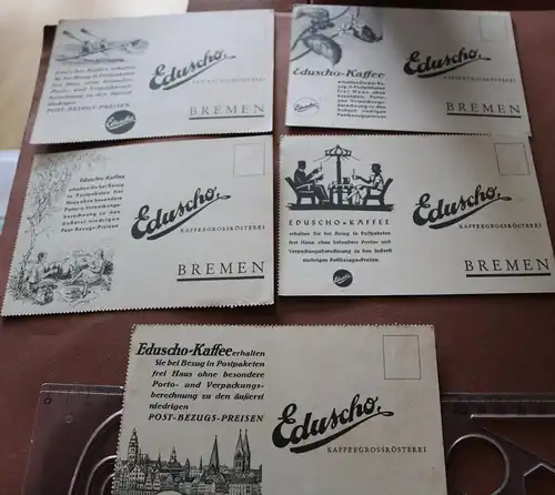 fünf alte Bestellkarten mit Werbung - Eduscho Kaffee Bremen 30-40er Jahre