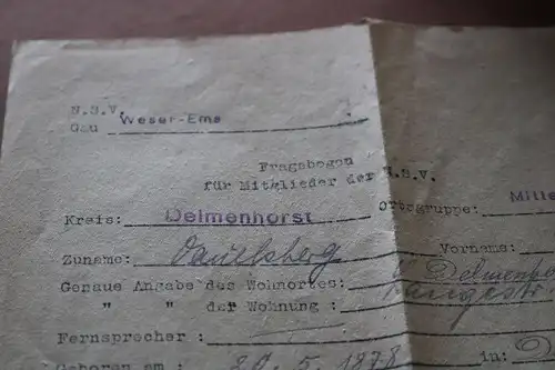 alter Fragebogen des NSV ??  Gau Weser-Ems Delmenhorst - 1935 