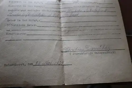 alter Fragebogen des NSV ??  Gau Weser-Ems Delmenhorst - 1935 