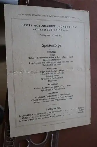 tolle  alte Speisekarte  1932 - Mittelmeer Reise  der MS Monte Rosa