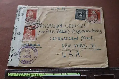 alter Briefumschlag nach USA - geöffnet Zensurstreifen  1947 Flensburg 
