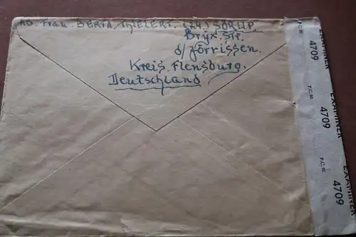 alter Briefumschlag nach USA - geöffnet Zensurstreifen  1947 Flensburg 