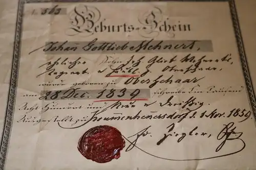 toller alter Geburts-Schein aus Krummenhennersdorf von 1859 mit Wachssiegel