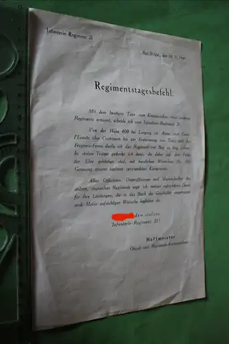 interessanter alter Regimentstagesbefehl des IR. 21 vom Oberst E. Hoffmeister 