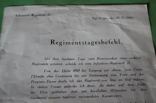 interessanter alter Regimentstagesbefehl des IR. 21 vom Oberst E. Hoffmeister