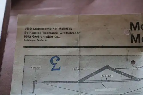 alte Montageanleitung Zweizughubtisch Modell T 65 - VEB Möbelkombinat Hellerau 