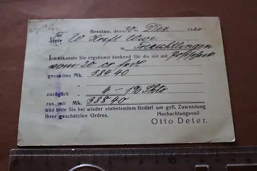 tolle alte Ganzsache - Postkarte Firma Otto Deter Breslau 1920 