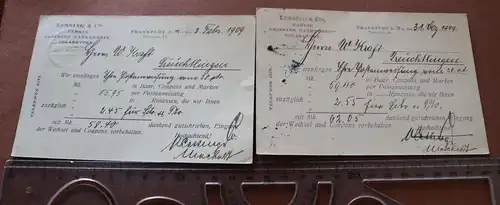 zwei Quittungskarten der Firma Lessing & Co Frankfurt 1909 Zigarettenfabrik