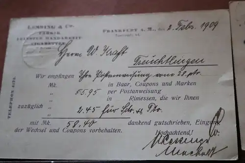 zwei Quittungskarten der Firma Lessing & Co Frankfurt 1909 Zigarettenfabrik