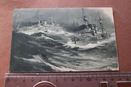 tolle alte Karte Kriegsschiffe im Sturm - 1899 - gestempelt Wilhelmshaven