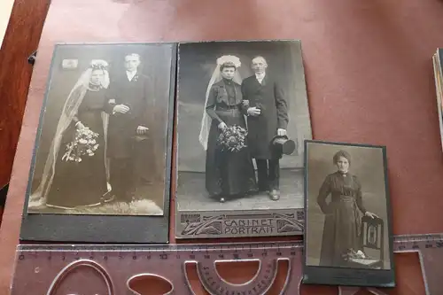 zwei Kabinettfotos und ein CDV - Hochzeitspaare und Frau