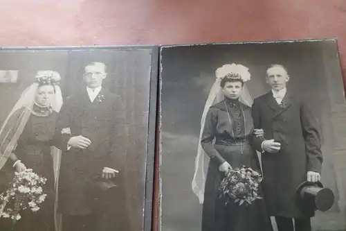 zwei Kabinettfotos und ein CDV - Hochzeitspaare und Frau