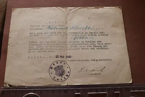 alter Ausweis Durchreise Stadt Hartha Lebensmittelkarten - 28.Mai 1945