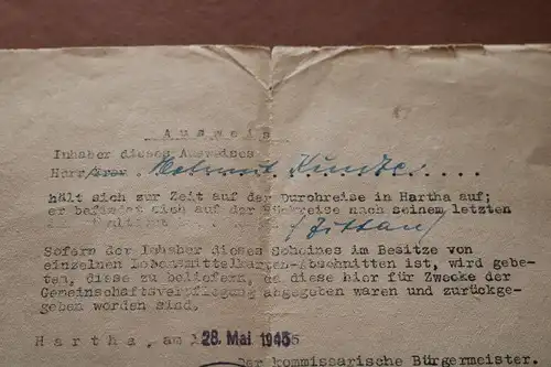 alter Ausweis Durchreise Stadt Hartha Lebensmittelkarten - 28.Mai 1945