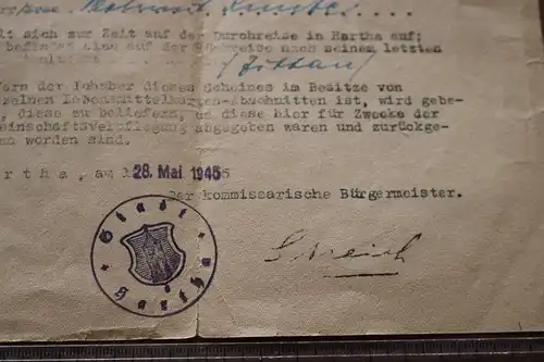 alter Ausweis Durchreise Stadt Hartha Lebensmittelkarten - 28.Mai 1945