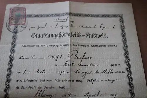 toller alter Staatsangehörigkeits-Ausweis - Kiel 1907