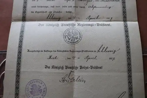 toller alter Staatsangehörigkeits-Ausweis - Kiel 1907