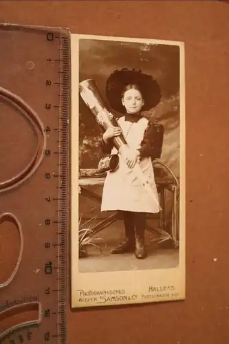 tolles altes CDV Foto - Portrait Mädchen mit Schultüte aus Halle