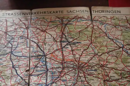 alte Strassenverkehrskarte Sachsen-Thüringen defekt 50-60er Jahre