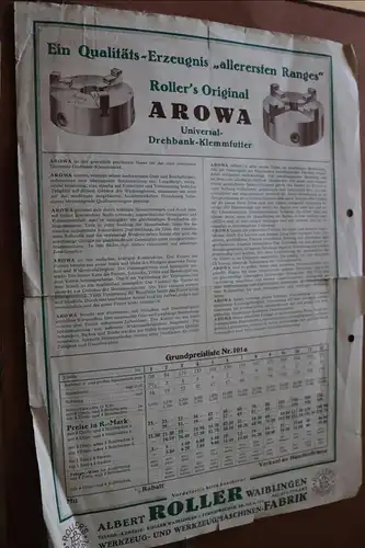 altes Produktblatt - Roller Waiblingen - Arowa Klemmfutter 30-40er Jahre