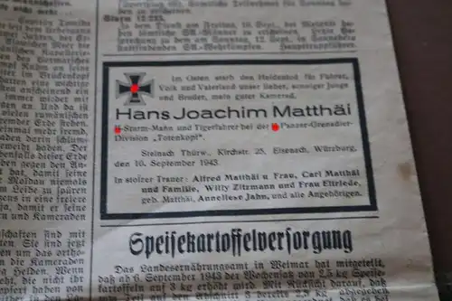 alte Zeitung aus Thüringen 1943 mit Todesanzeige eines Tiger Panzerfahrer selten