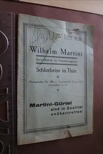 alte Produktblätter Wilhelm Martini Schlorheim - Sicherheitsgürtel 1939 ? Feuerw