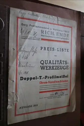 alte Preisliste Werkzeugfabrik Rich. Emde - Remscheid-Lüttringhausen 1935