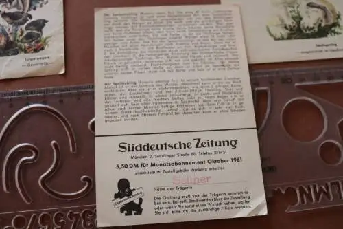 sechs alte Zeitungsquittungen Süddeutsche Zeitung 1961 - Pilze