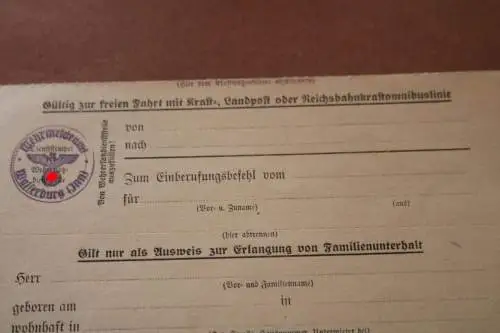 alter Freifahrtsschein für Kraft-, Landpost oder Reichsbahnomnibusline Wasserbur