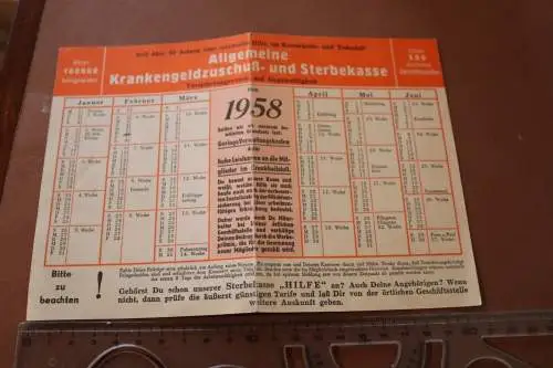 alter Kalender von 1958 - Allg. Krankengeldzuschuß- und Sterbekasse
